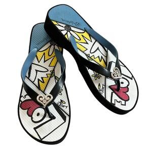 Brighton Love Platform Sandals Flip Flops 9 Black Blue Abstract Silver Heart